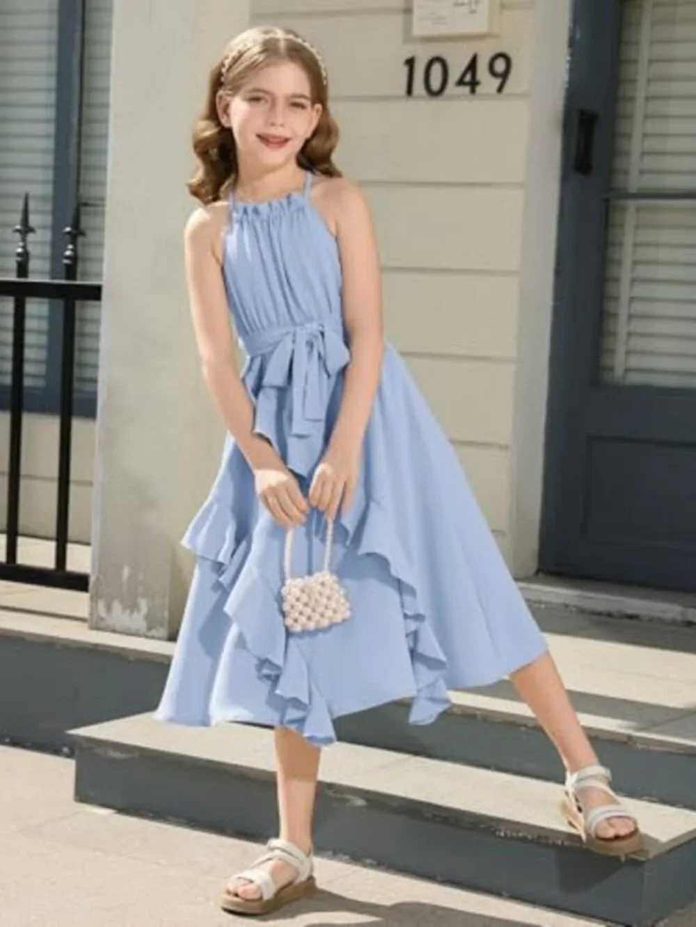 Girls Chiffon Halter Tie Back Tiered Ruffle A-Line Flowy Midi Sundress